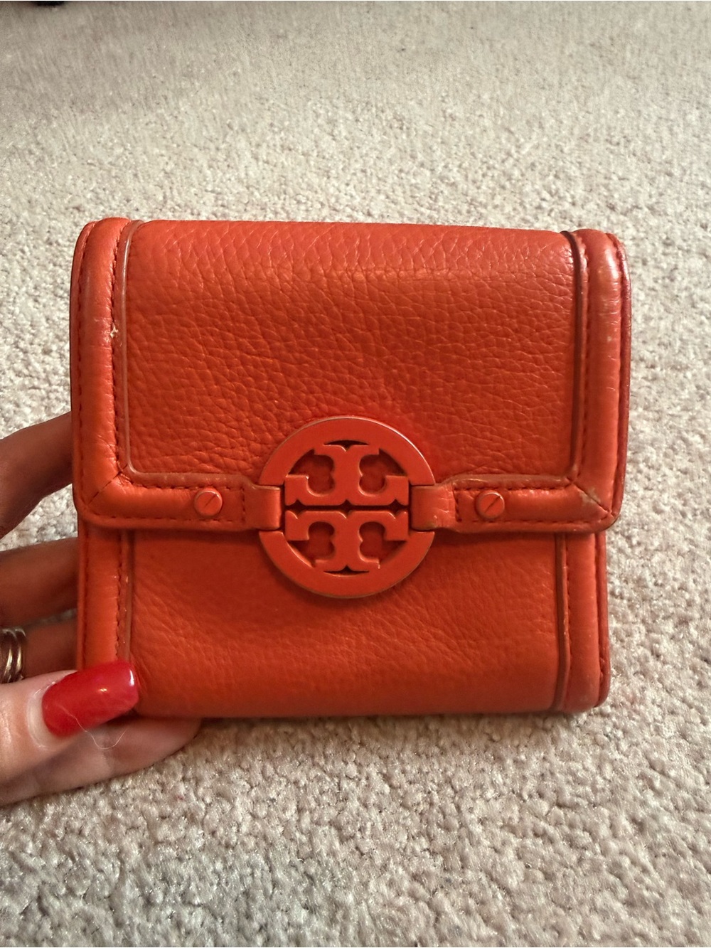 Tory Burch Bright Orange Pebbled Leather Trifold Wallet